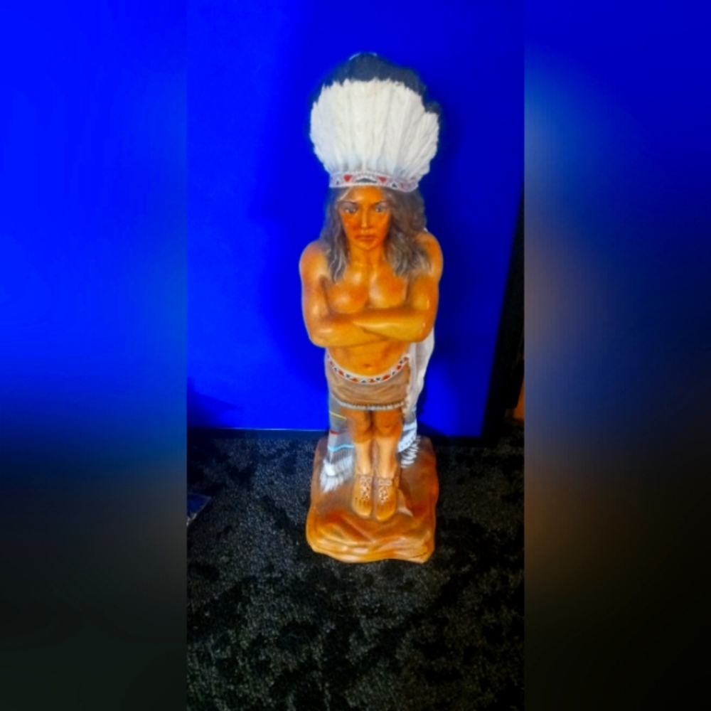 Hand-Painted Native American Figure Statue White Headdress signed by artist 1986